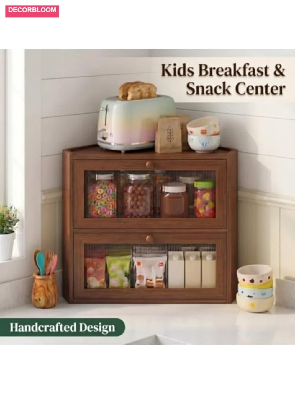 2 Tier Bamboo Bread Box for Kitchen Countertop, Large Capacity Corner Storage